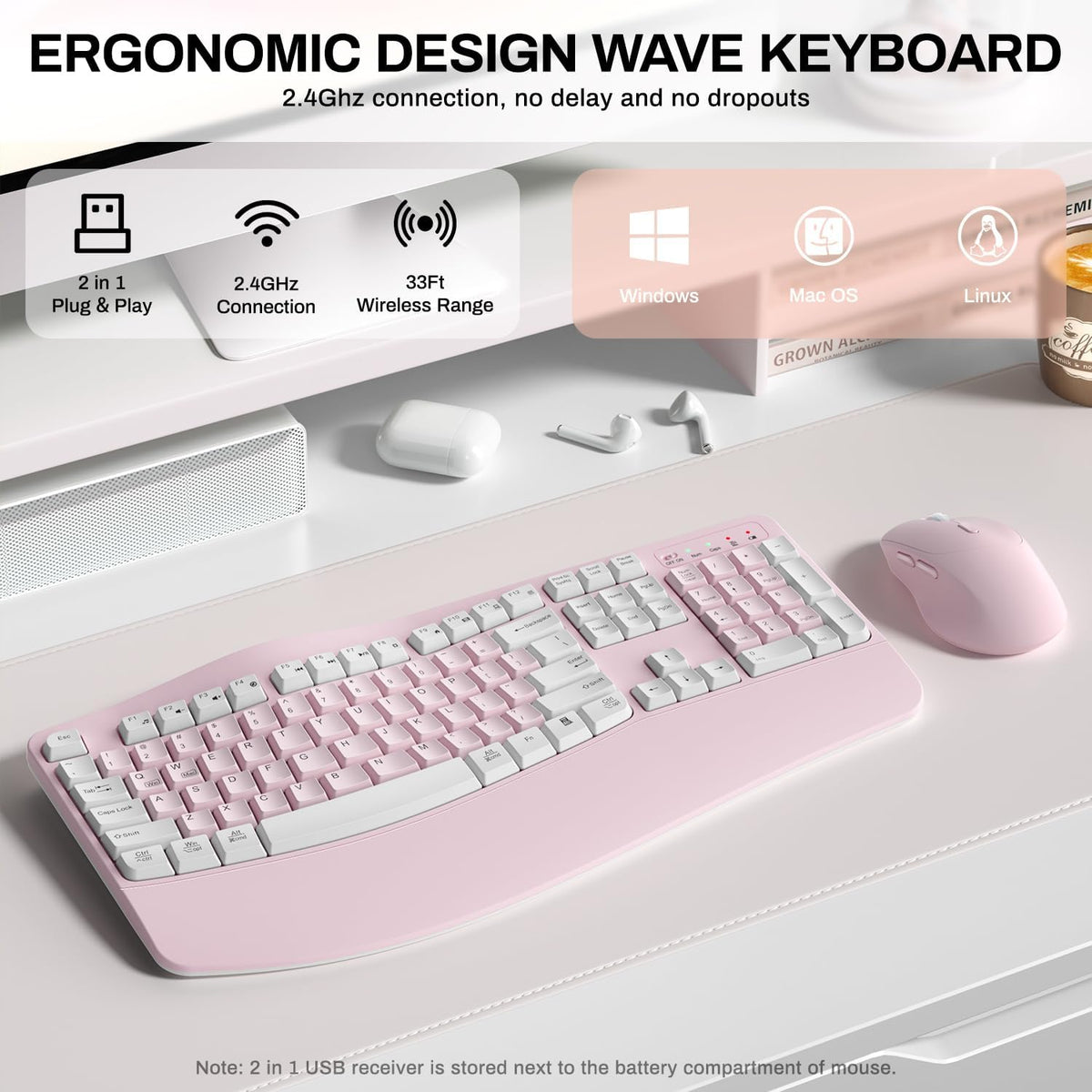 Combo de teclado y mouse inalámbricos, teclas de onda ergonómica 2....