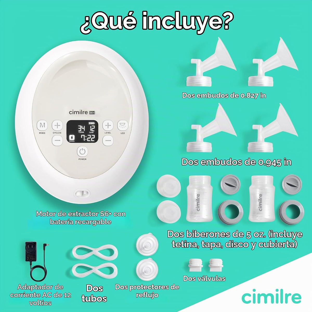 Extractor de leche eléctrico doble recargable ajustable Cimilre S6+...