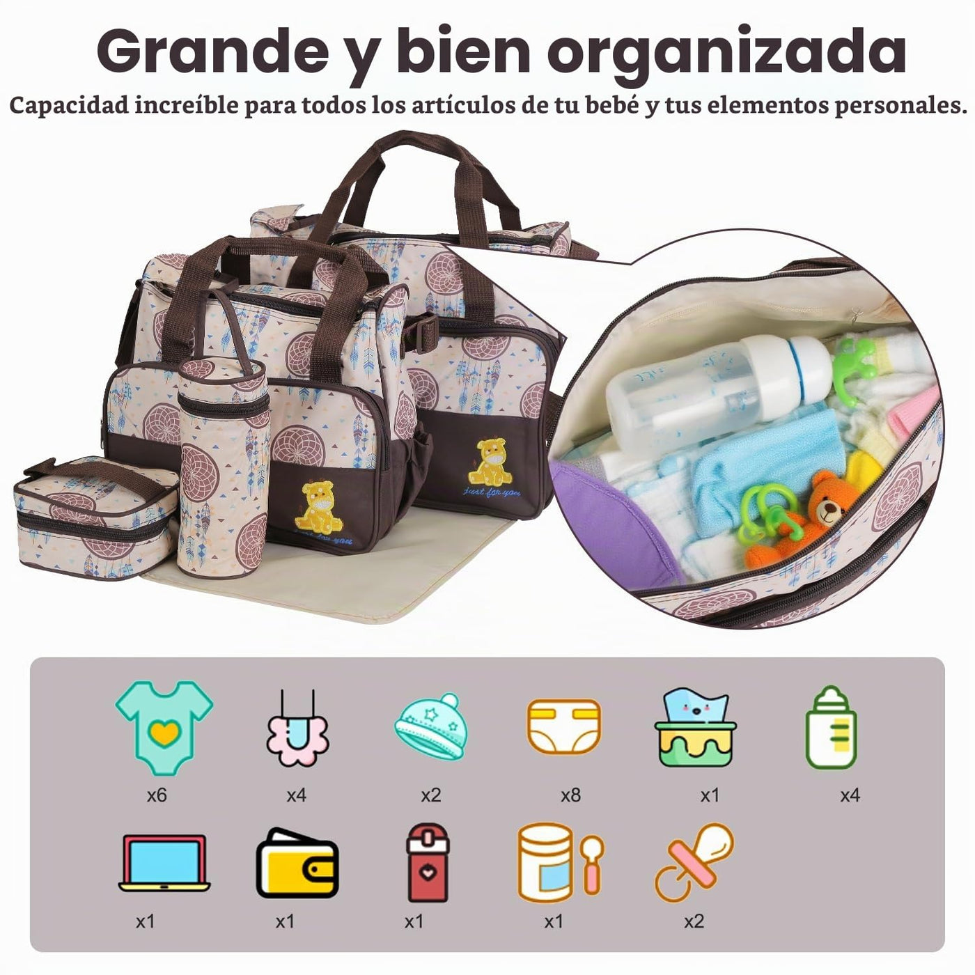 Moclever Juego de 5 bolsas de pañales - Bolsas de bebé para mamá, Café
