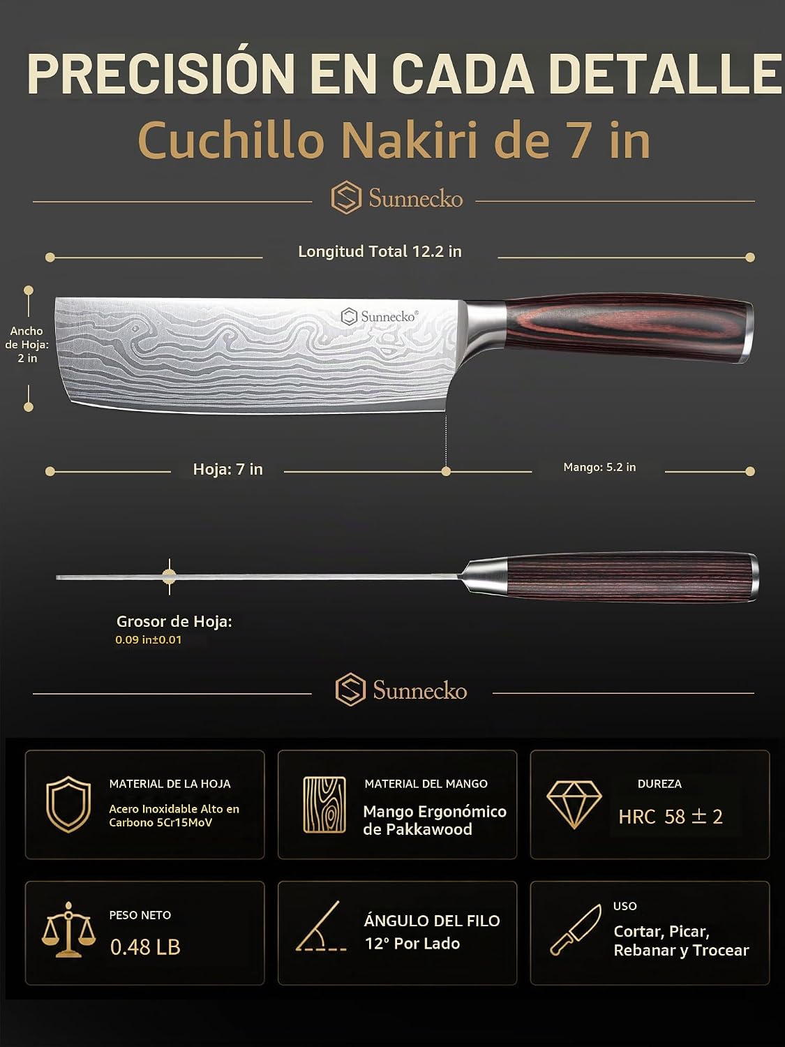Sunnecko Nakiri - Cuchillo de chef de 7 pulgadas para cortar carne...