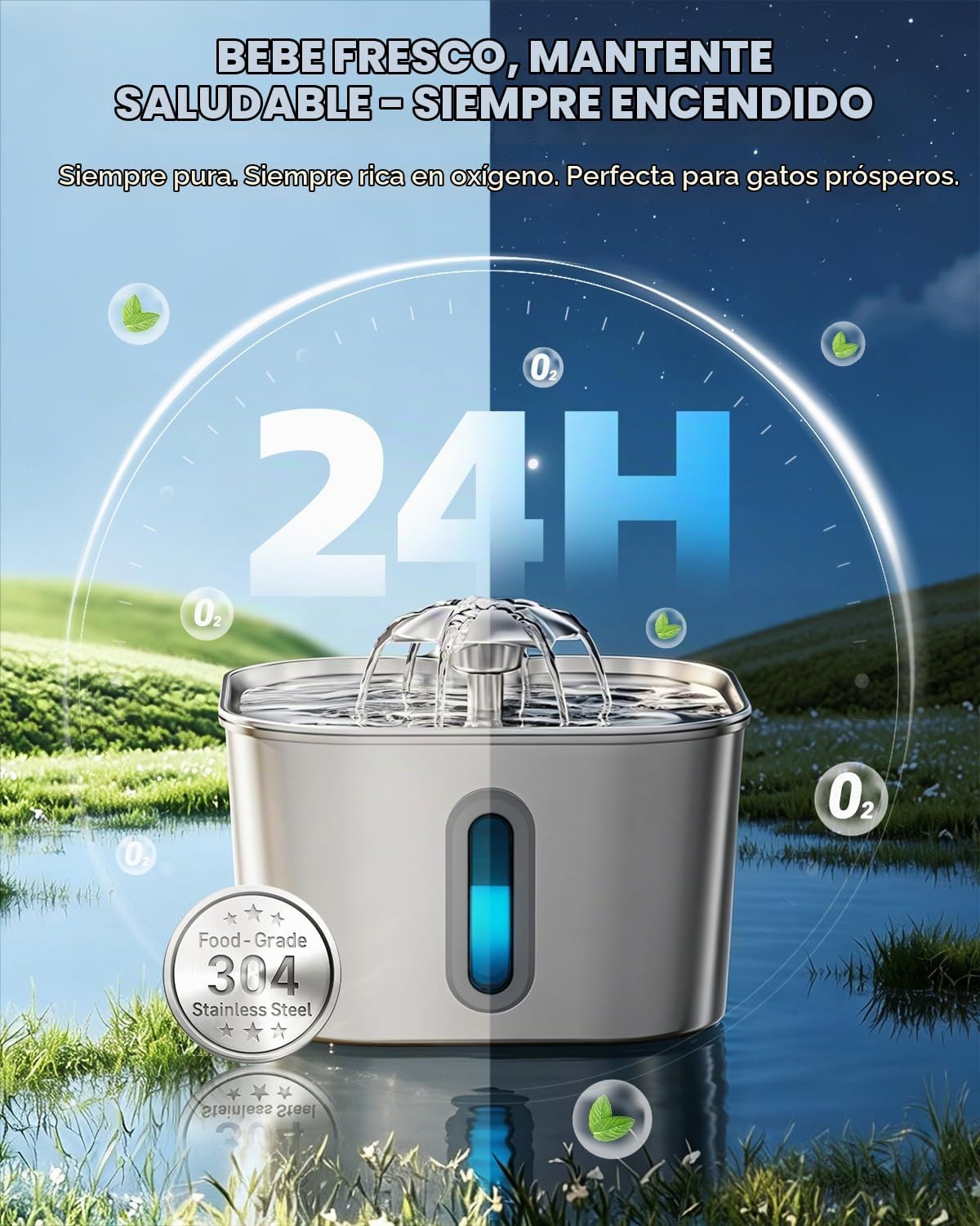 Fuente de agua para gatos de acero inoxidable de 74 oz\/2,2 L con 6...