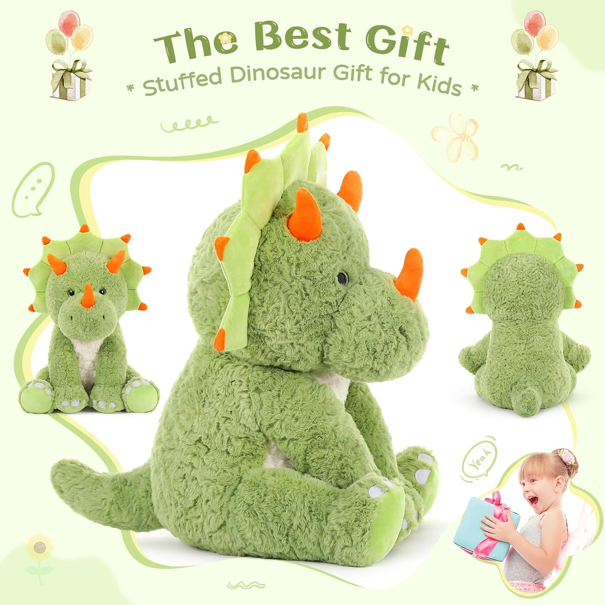 Tezituor Animales de peluche de dinosaurio verde de 24 pulgadas, ju...