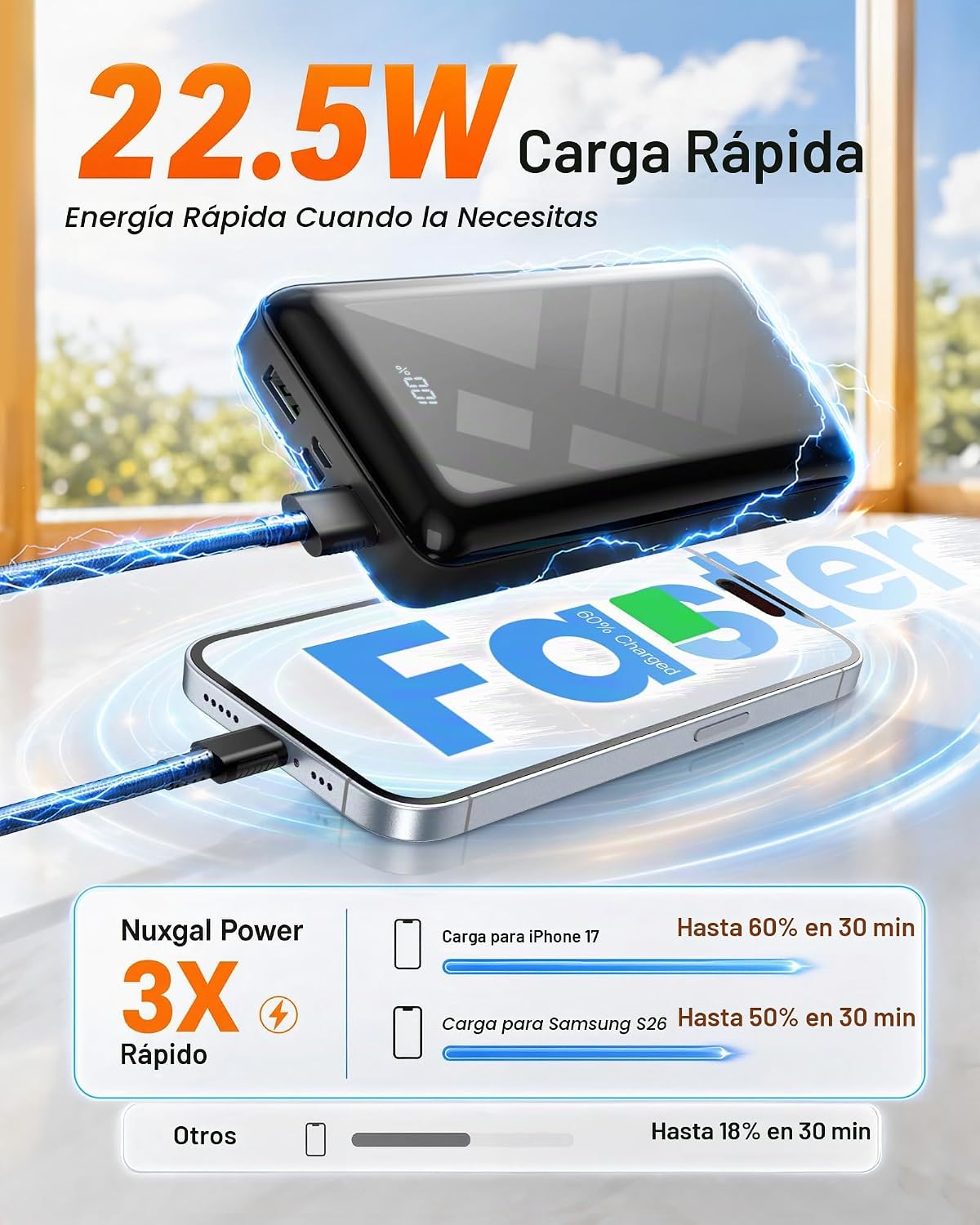 Cargador portátil 50000mAh Power Bank 22.5W carga rápida USB C bate...