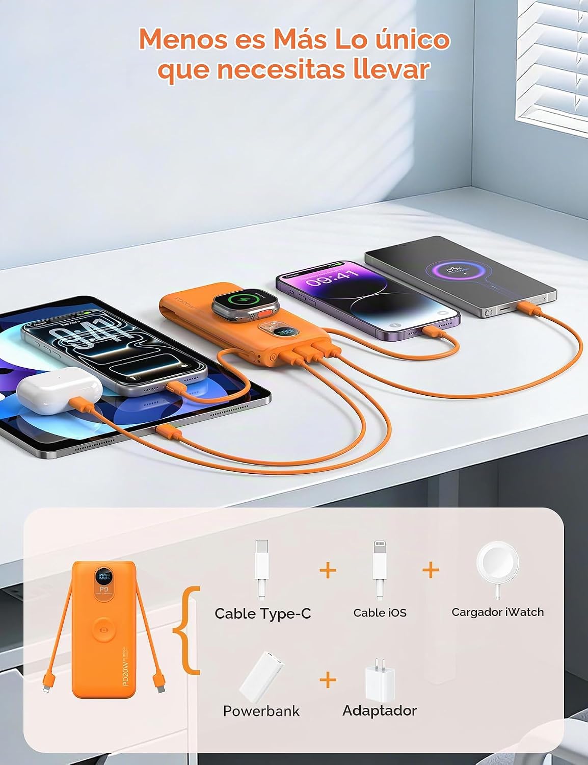Cargador portátil Power Bank 10000mAh PD20W con cables incorporados...