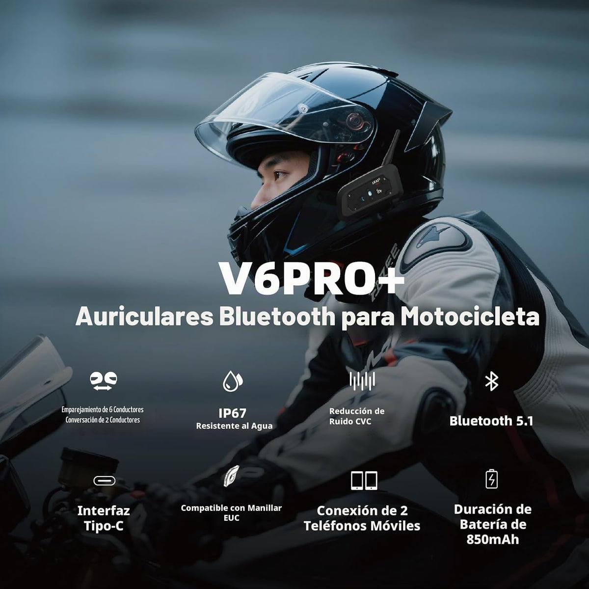 EJEAS V6 Pro+ - Casco de motocicleta Bluetooth 5.1 Intercomunicador...
