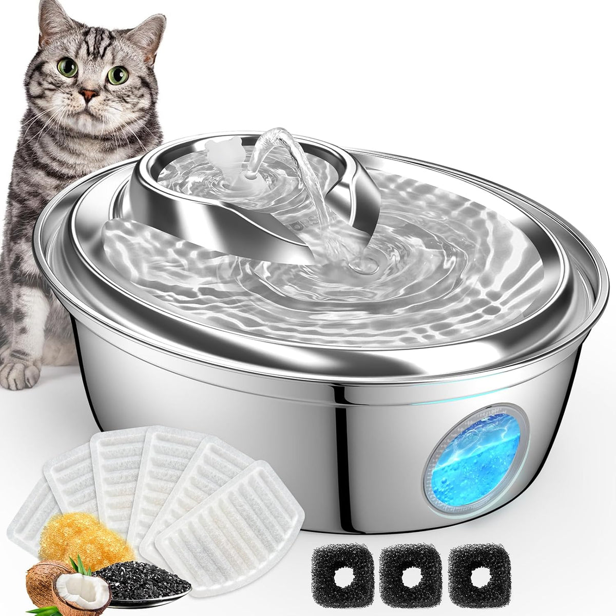 ORSDA Fuente de agua de acero inoxidable para gatos, fuente automát...