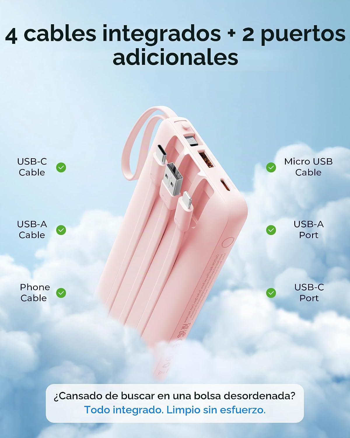 VRURC Cargador portátil 20000mAh 4-Built-in-Cable Banco de energía...