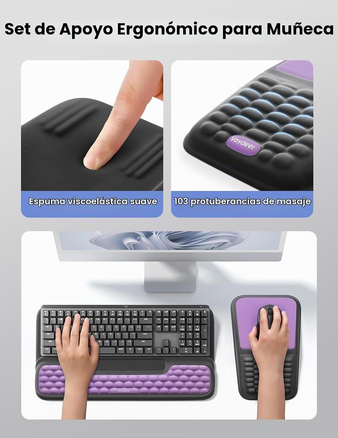 Vaydeer Juego de soporte para teclado y mouse con reposamuñecas, al...