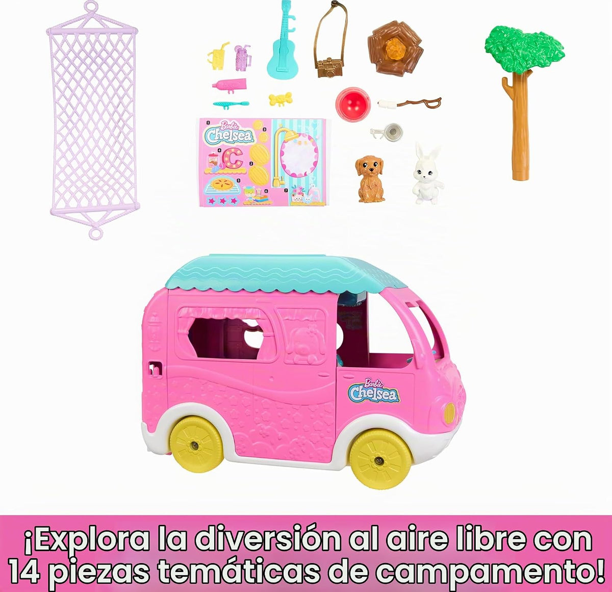 Barbie Camper, Chelsea 2 en 1 Playset | Muñeca pequeña, 2 mascotas...
