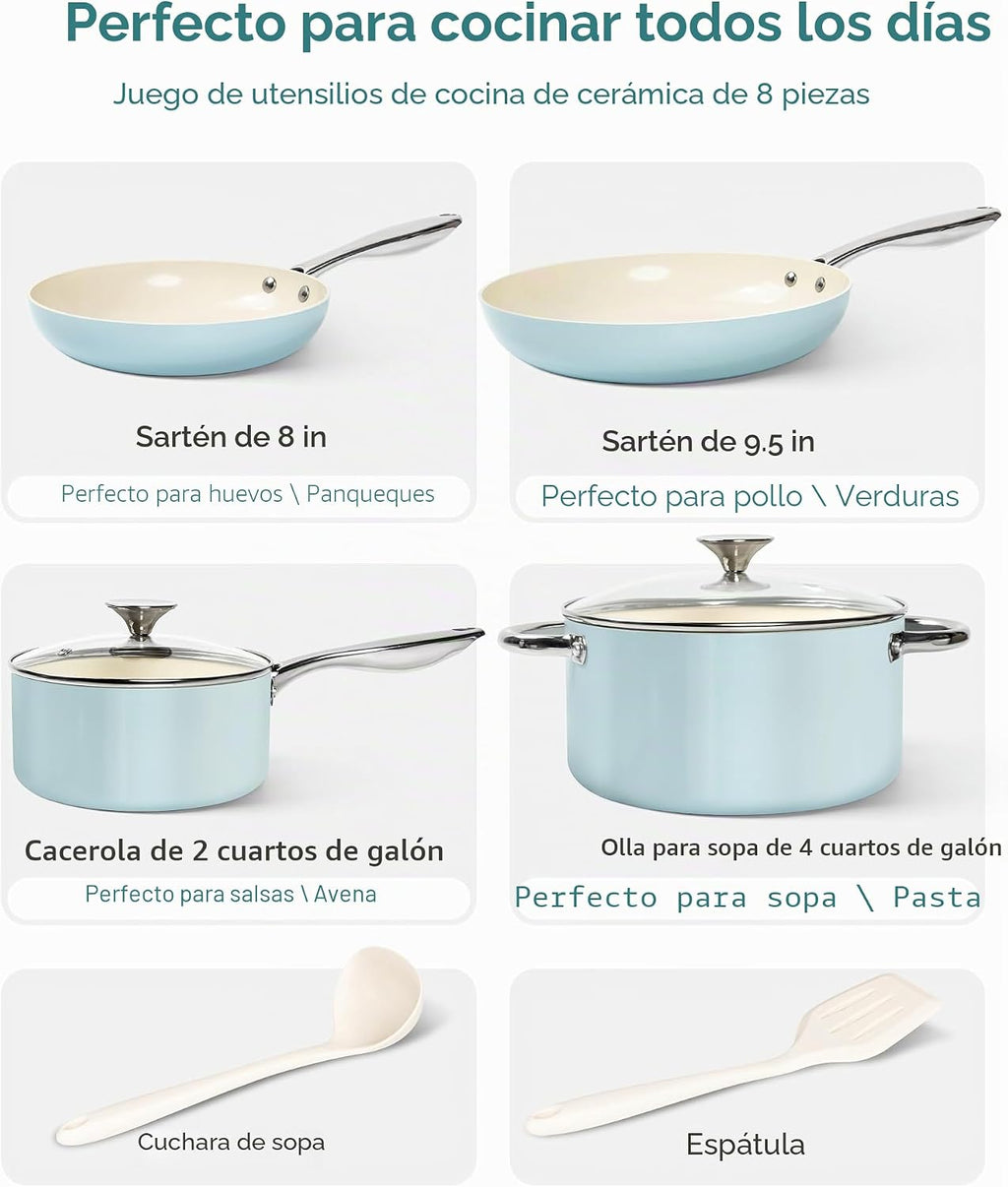 MICHELANGELO Juego de ollas y sartenes antiadherentes, 8 piezas de...