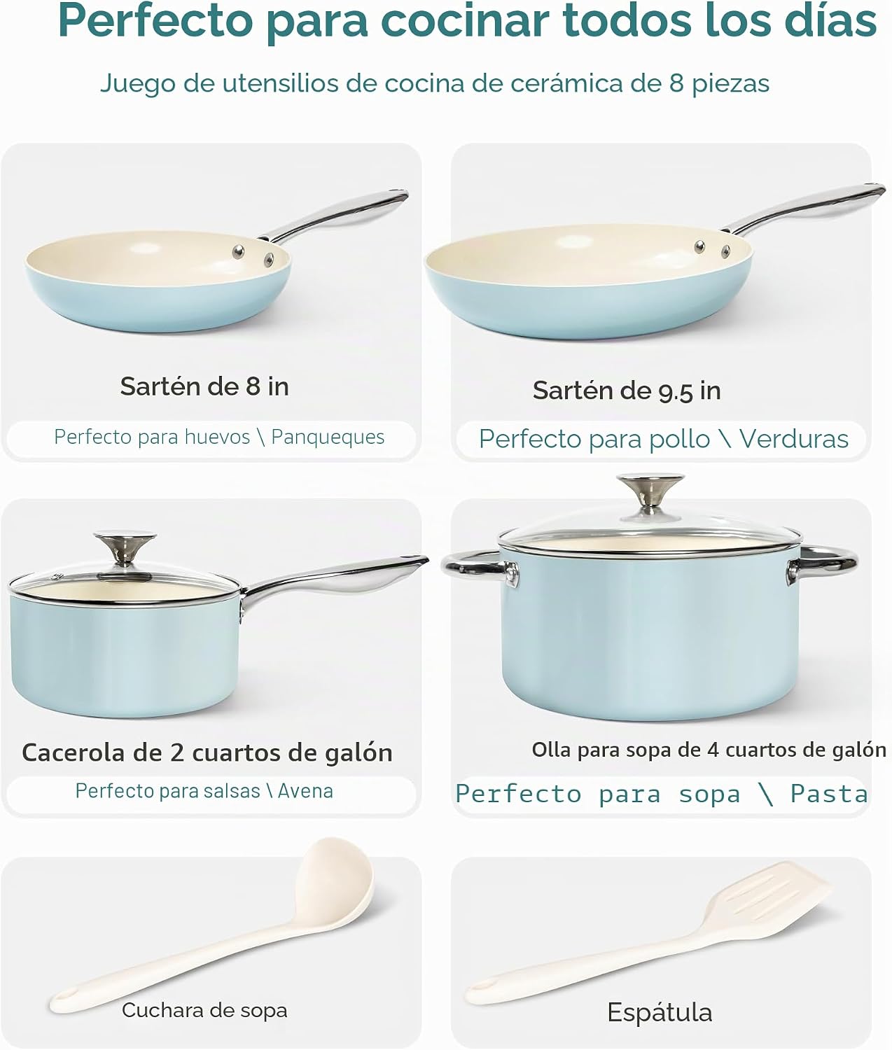 MICHELANGELO Juego de ollas y sartenes antiadherentes, 8 piezas de...