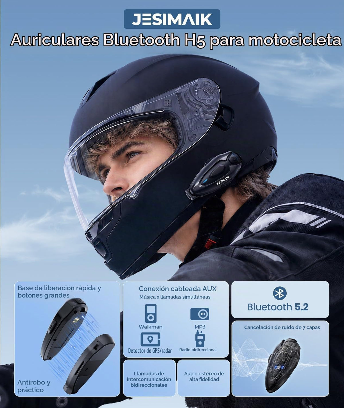 JESIMAIK Auriculares Bluetooth para motocicleta, intercomunicador B...