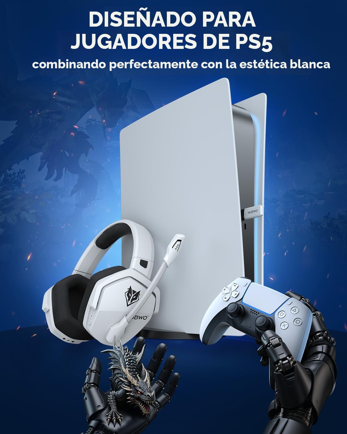 NUBWO Auriculares inalámbricos para juegos con micrófono para PC Ps...