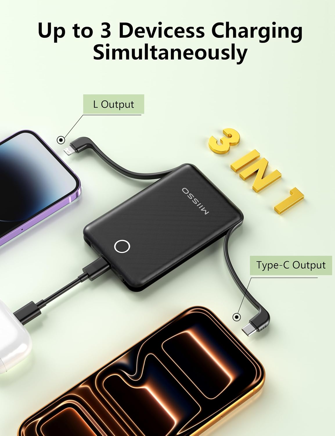 Mini cargador portátil de 10000 mAh con cable integrado, paquete de...