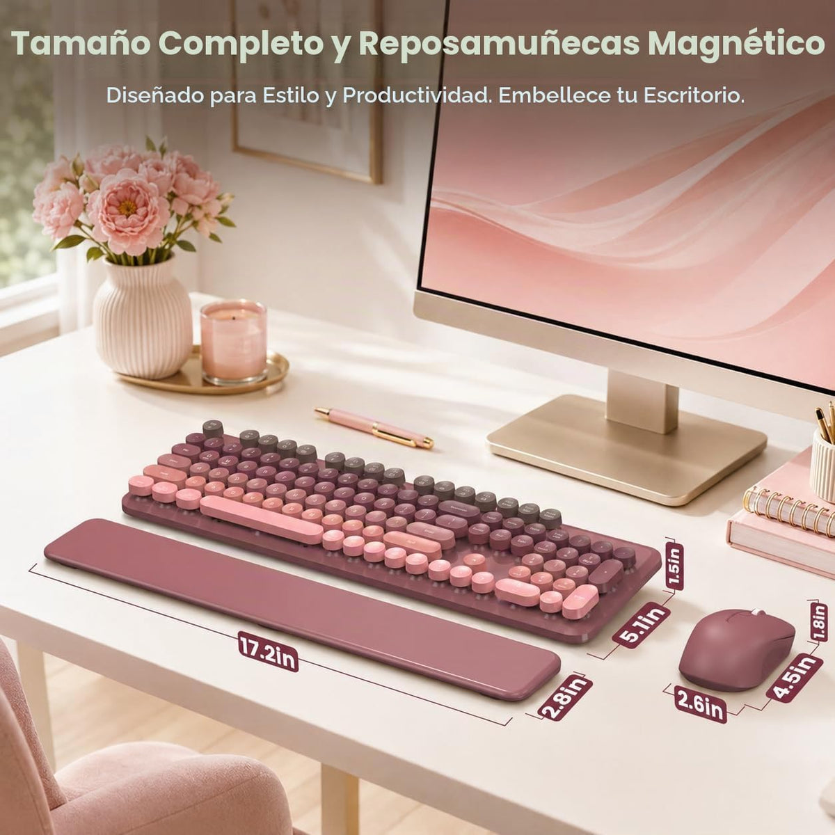 Combo de teclado y mouse inalámbricos, reposamuñecas magnético, ros...