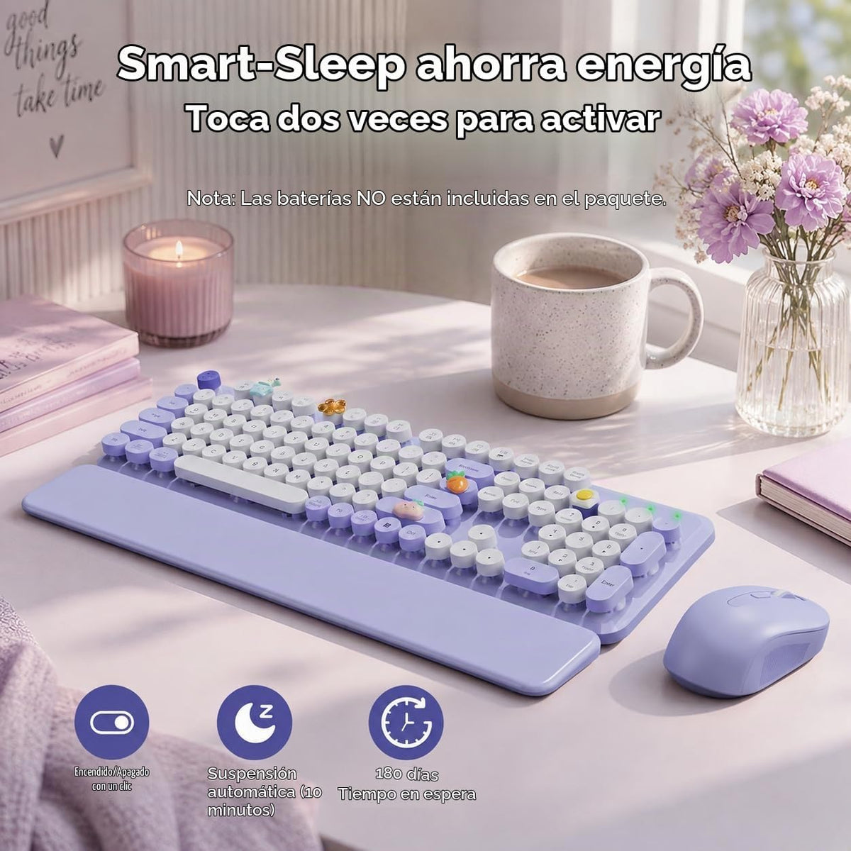 Combo de teclado y ratón inalámbricos, bonitas teclas redondas, tec...