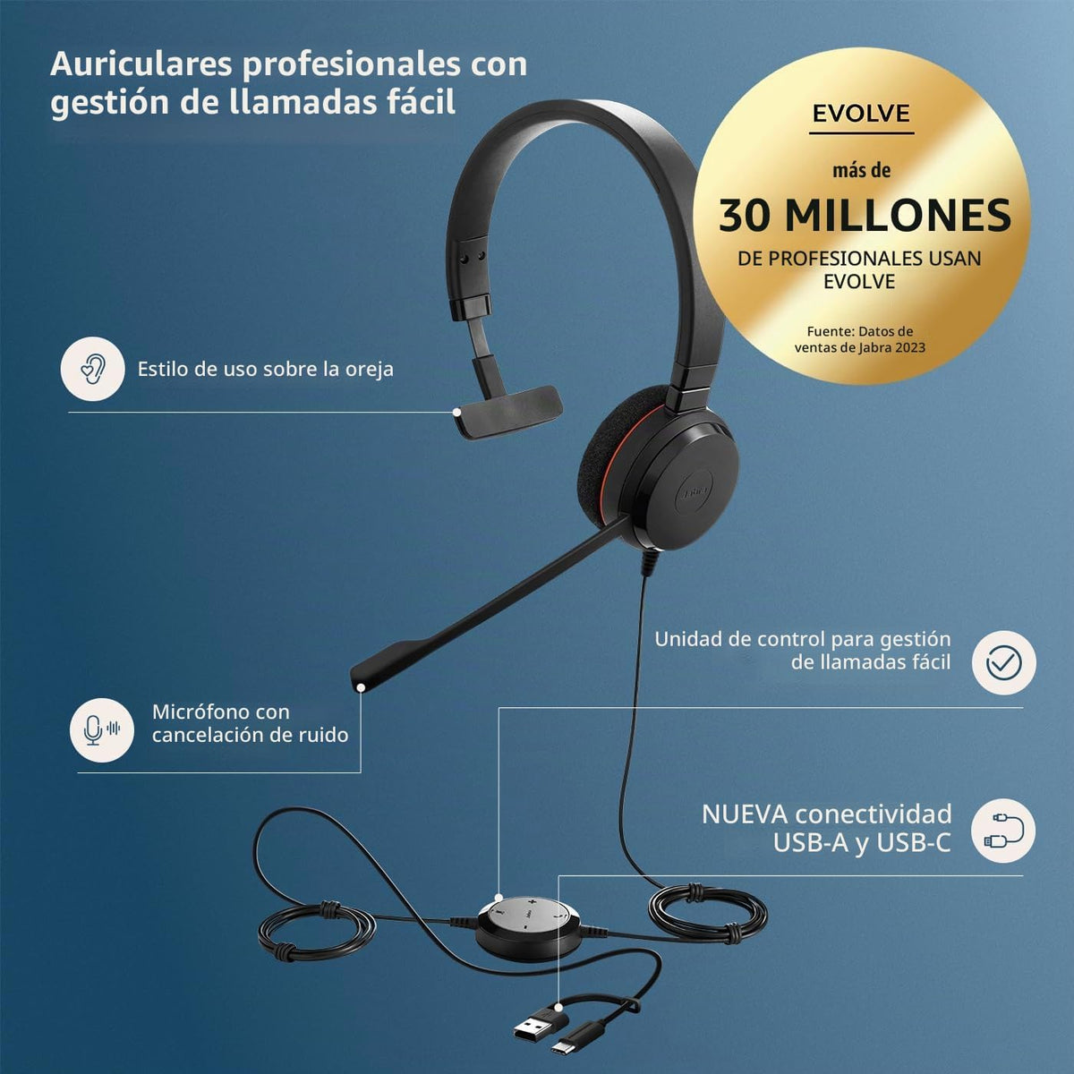 Jabra Evolve 20 - Auriculares con cable (edición 2025), juego de un...