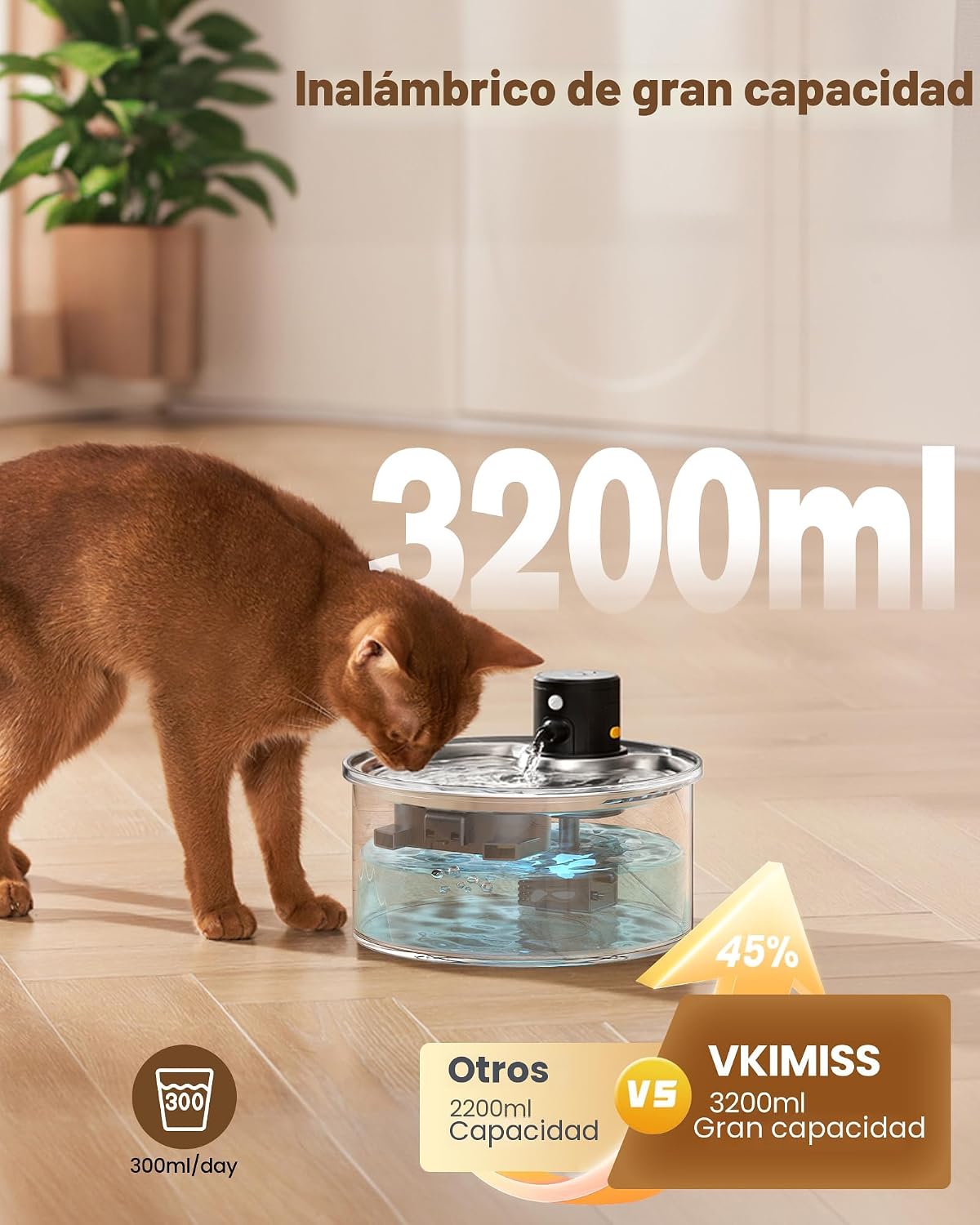 Fuente de Agua para Gatos Inalámbrica Sin Cable: 3.2L\/108oz Operad...