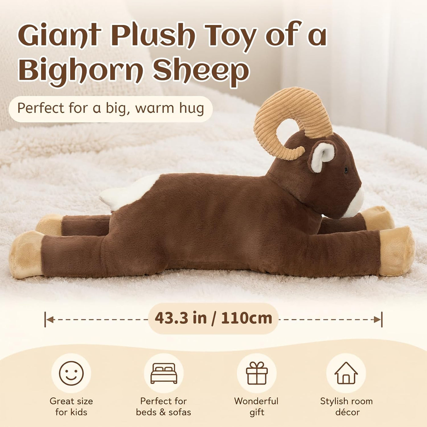Tezituor Peluche de oveja de 43.3 pulgadas, almohada gigante de pel...