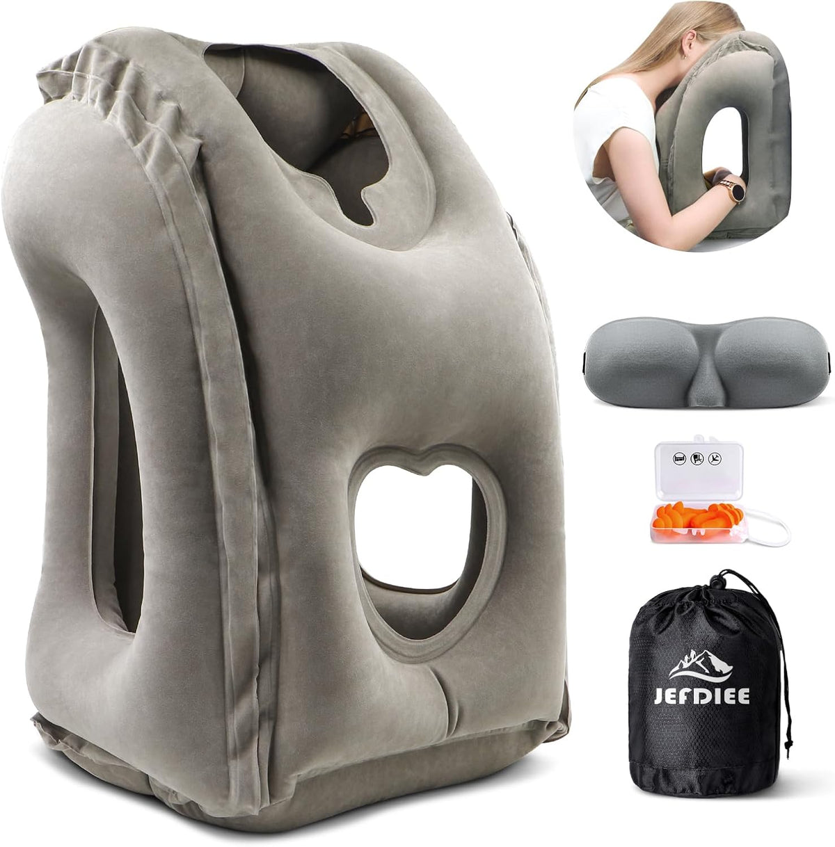 JefDiee Almohada inflable de viaje, almohada de cuello de avión que...