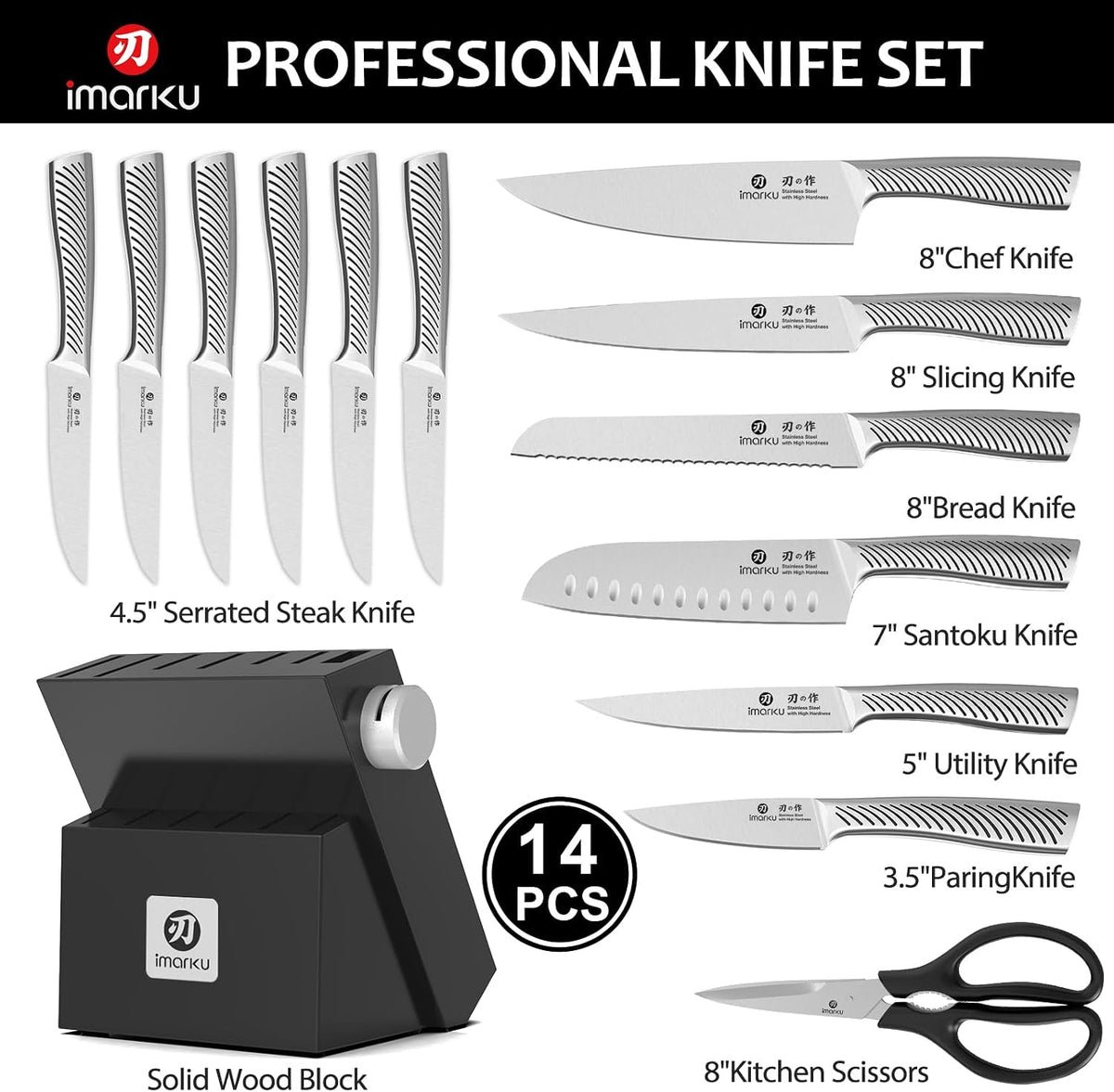 imarku Juego de 14 piezas de bloque de cuchillos, juego de cuchillo...
