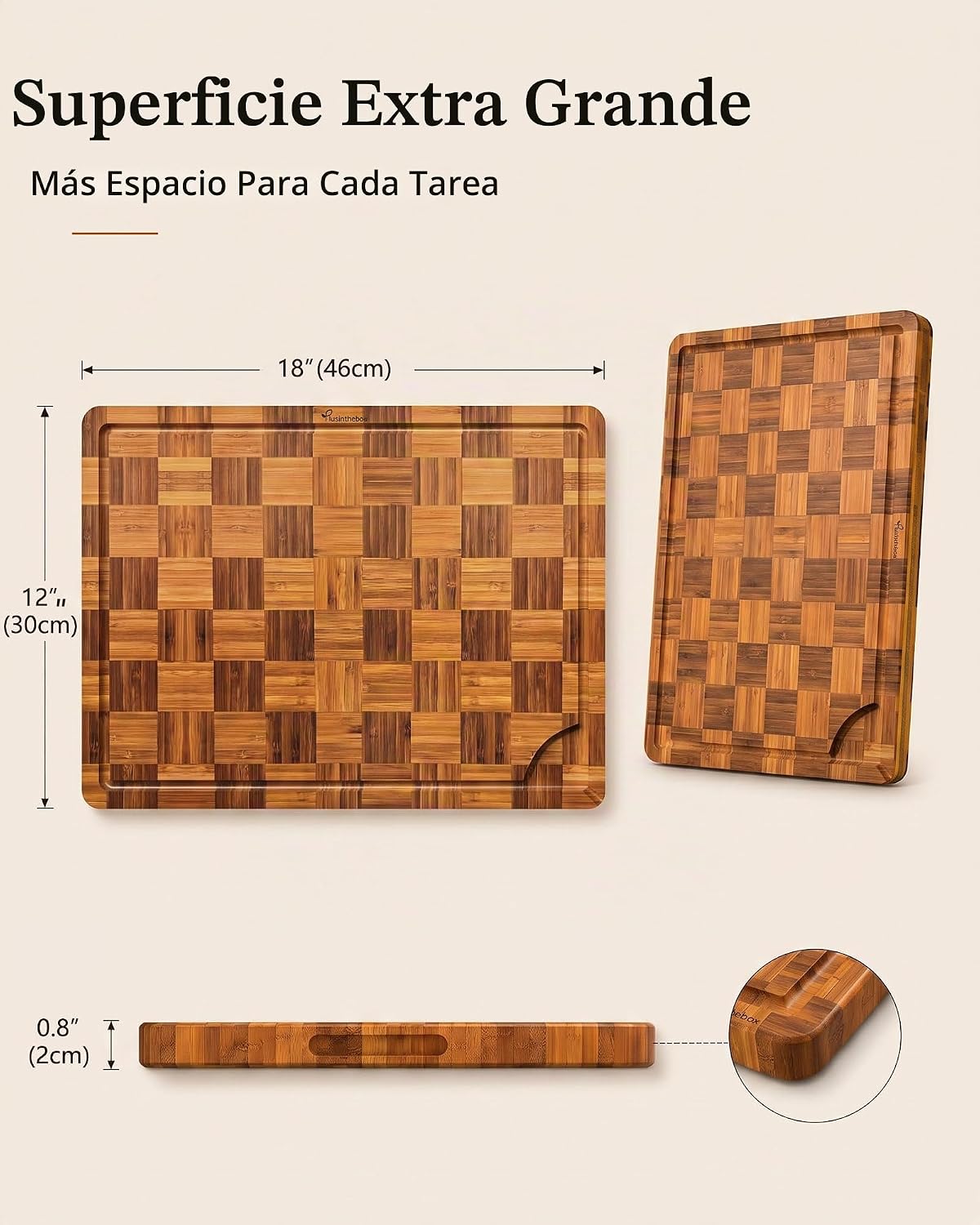Plusinthebox Tabla de cortar de bambú de 18 x 12 pulgadas, bloque d...