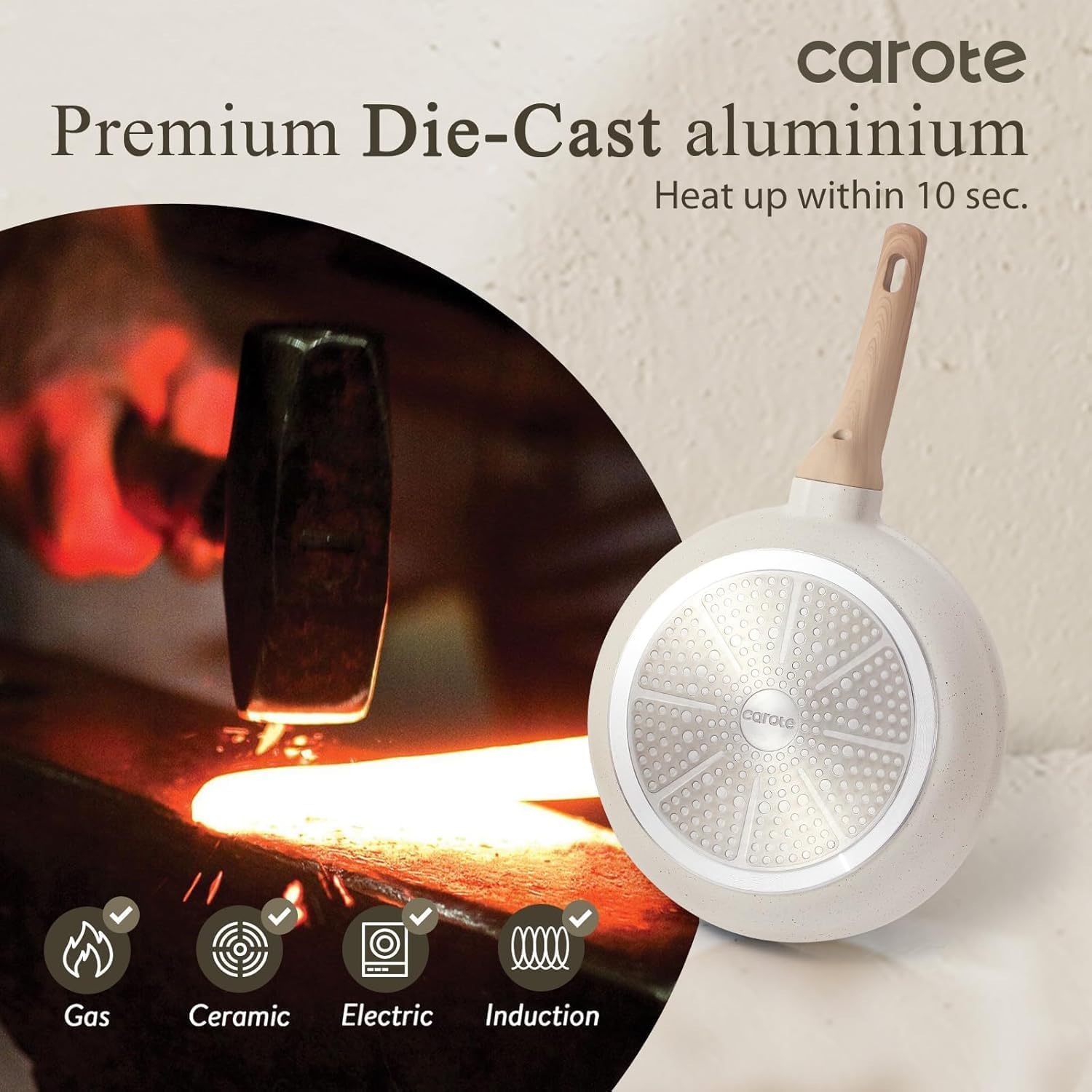 CAROTE Sartén antiadherente, sartén blanca crema de 12 pulgadas con...