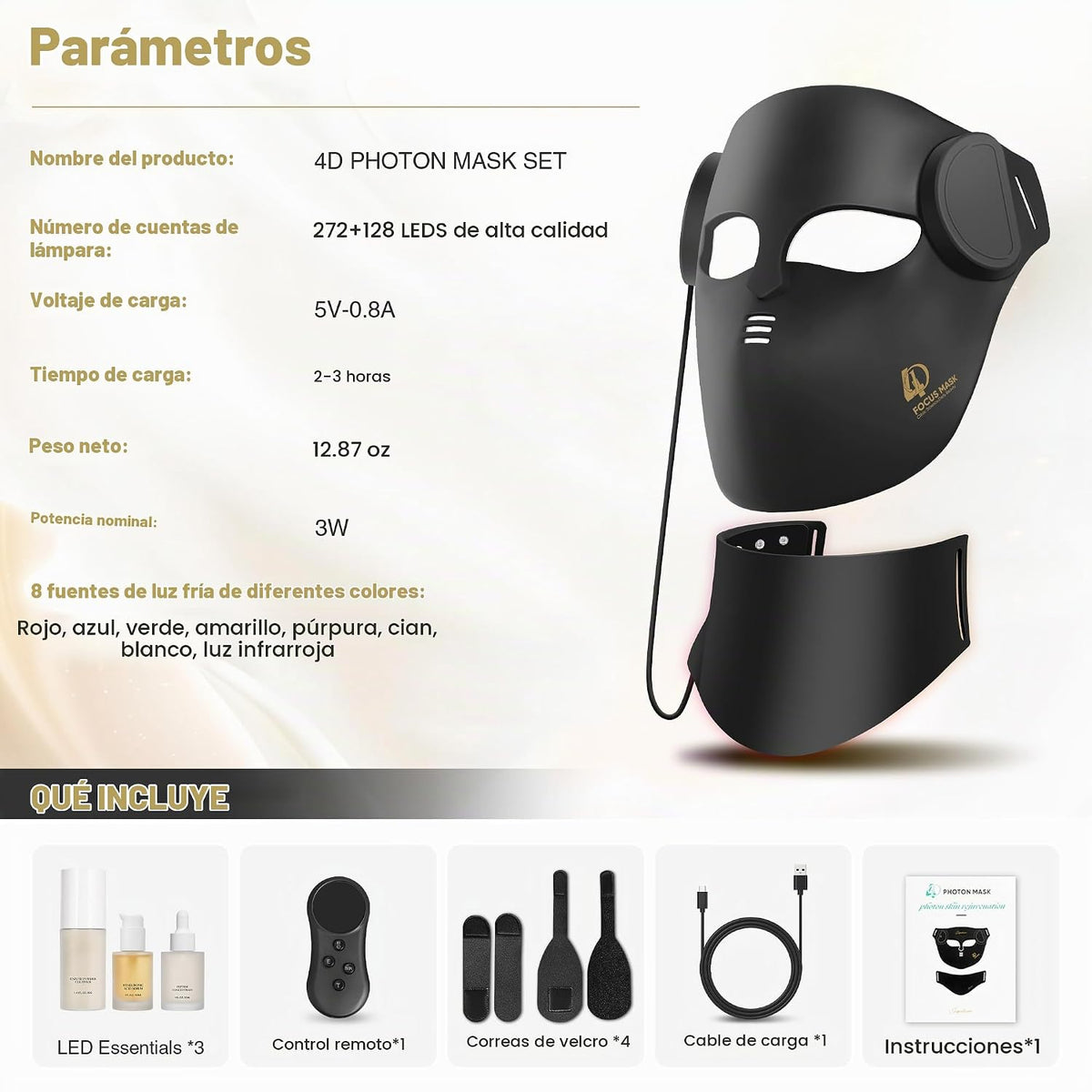 Máscara de terapia de luz LED 4D con ajuste de contorno para cara y...