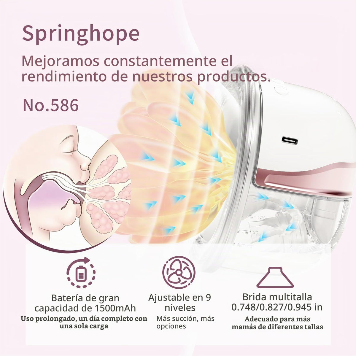 Springhope - Extractor de leche manos libres portátil, 4 modos y 9...