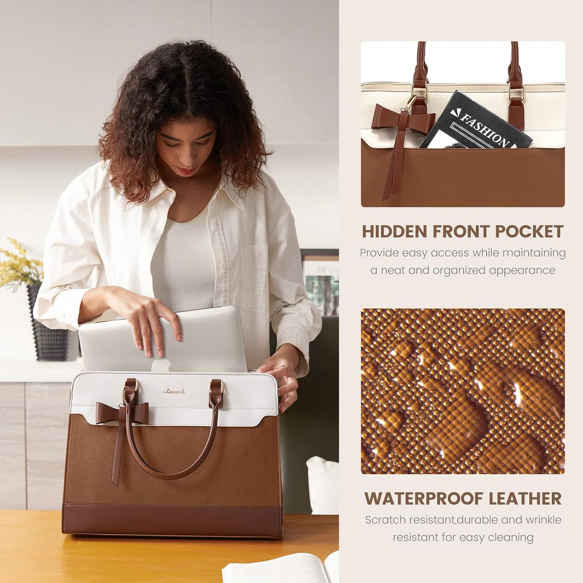 LOVEVOOK Bolso para laptop para mujer, bolso de trabajo de cuero, b...