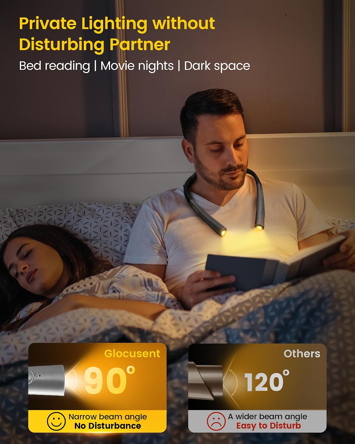 Glocusent Luz de libro, luz de cuello flexible para leer por la noc...