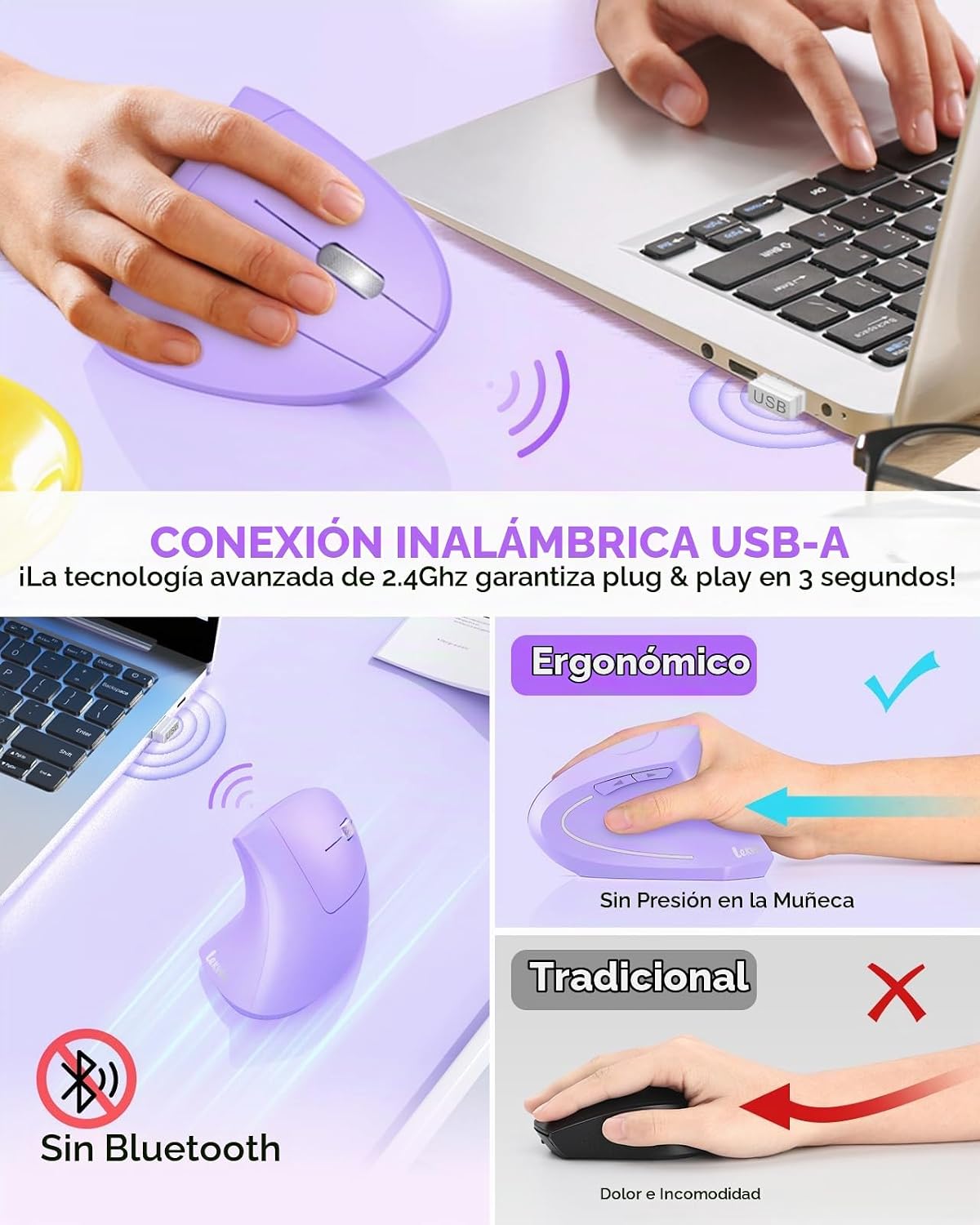 Lekvey Ratón ergonómico, ratón vertical inalámbrico recargable, mor...
