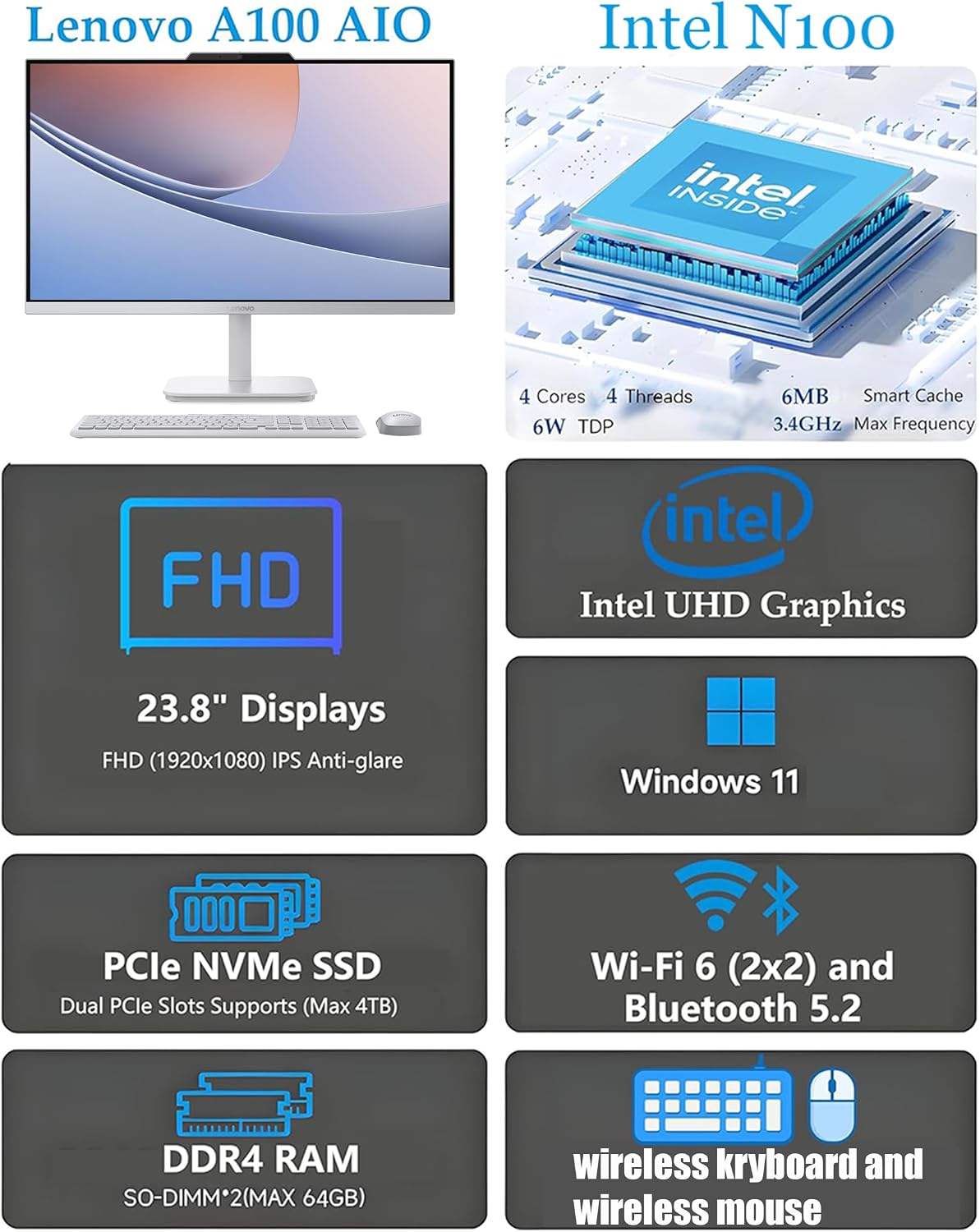 Lenovo Computadora de escritorio todo en uno FHD de 24 pulgadas par...