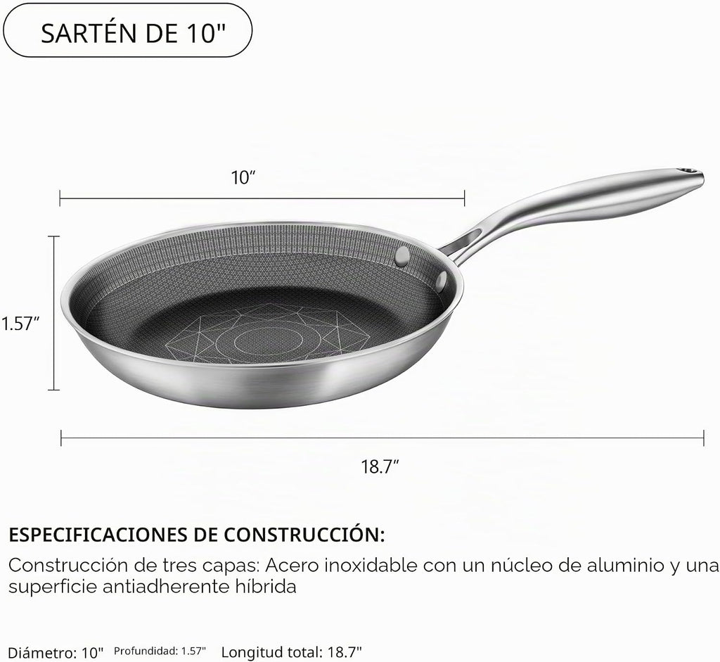 COOKER KING Sartén de acero inoxidable de 10 pulgadas, sartén antia...