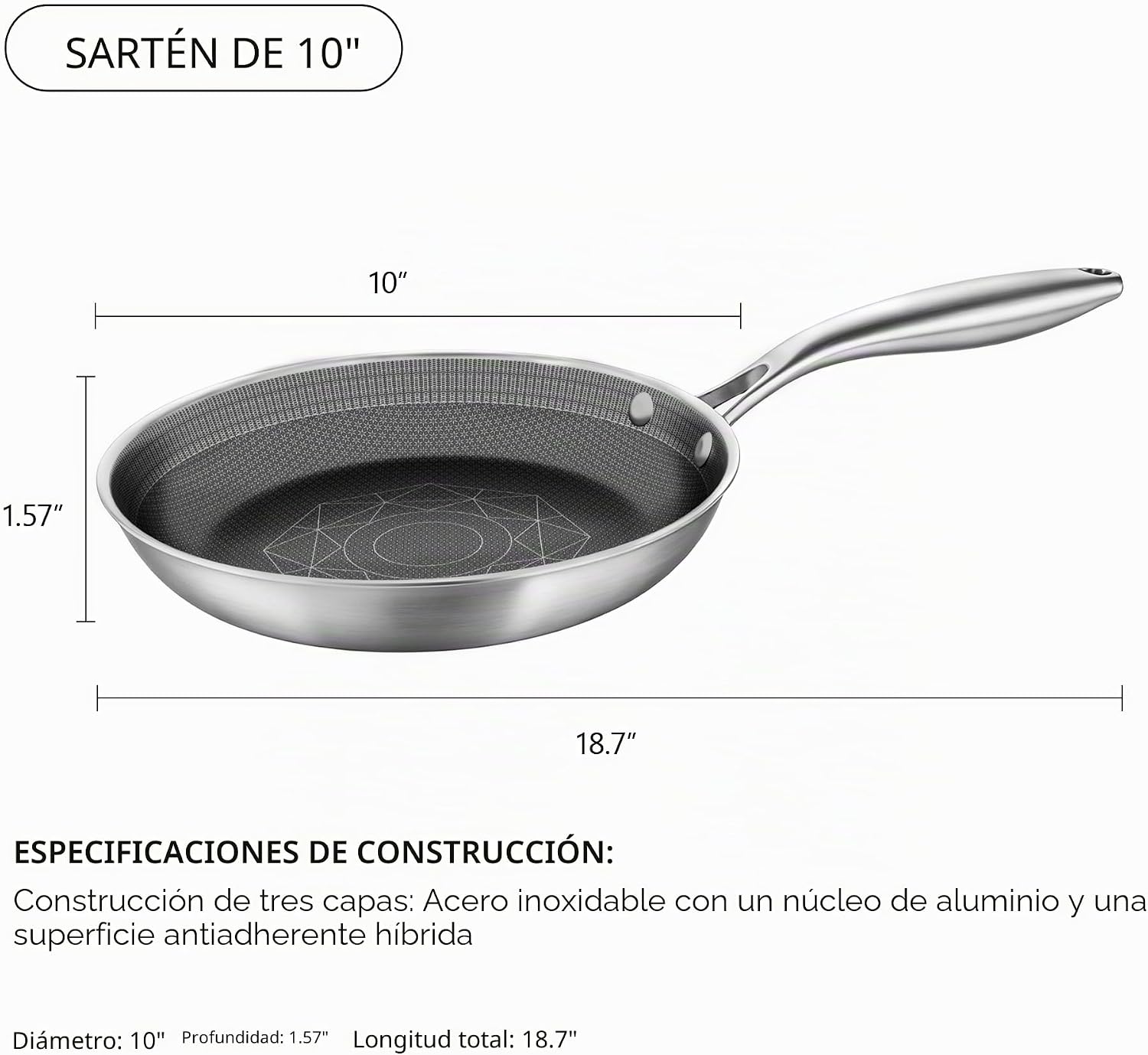 COOKER KING Sartén de acero inoxidable de 10 pulgadas, sartén antia...
