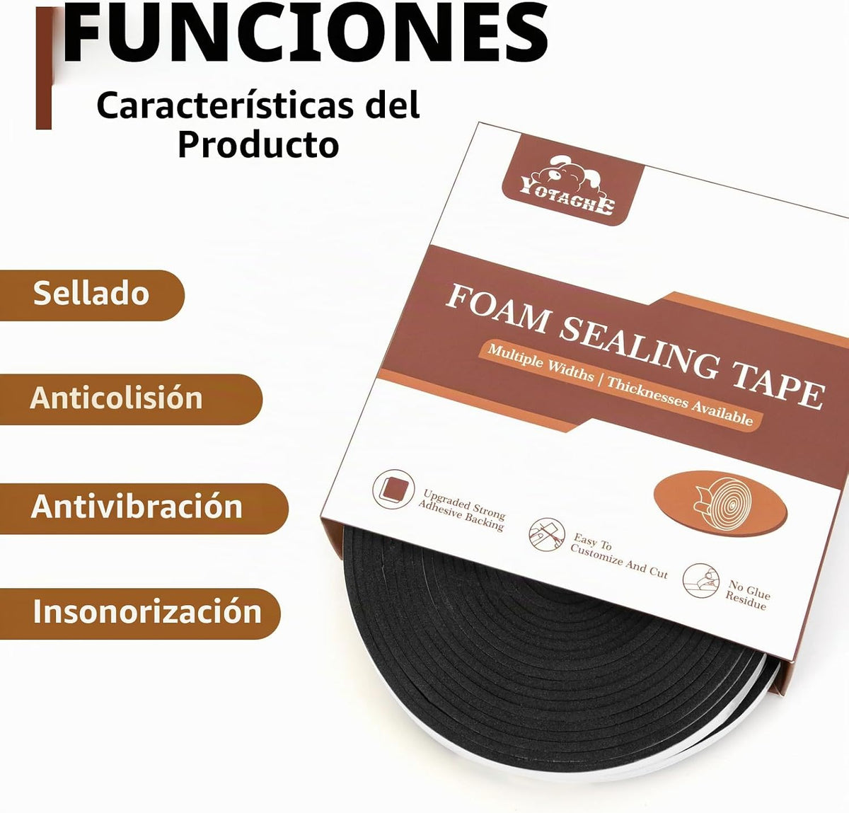 Yotache - 2 rollos de cinta adhesiva de espuma de 1" de ancho x...