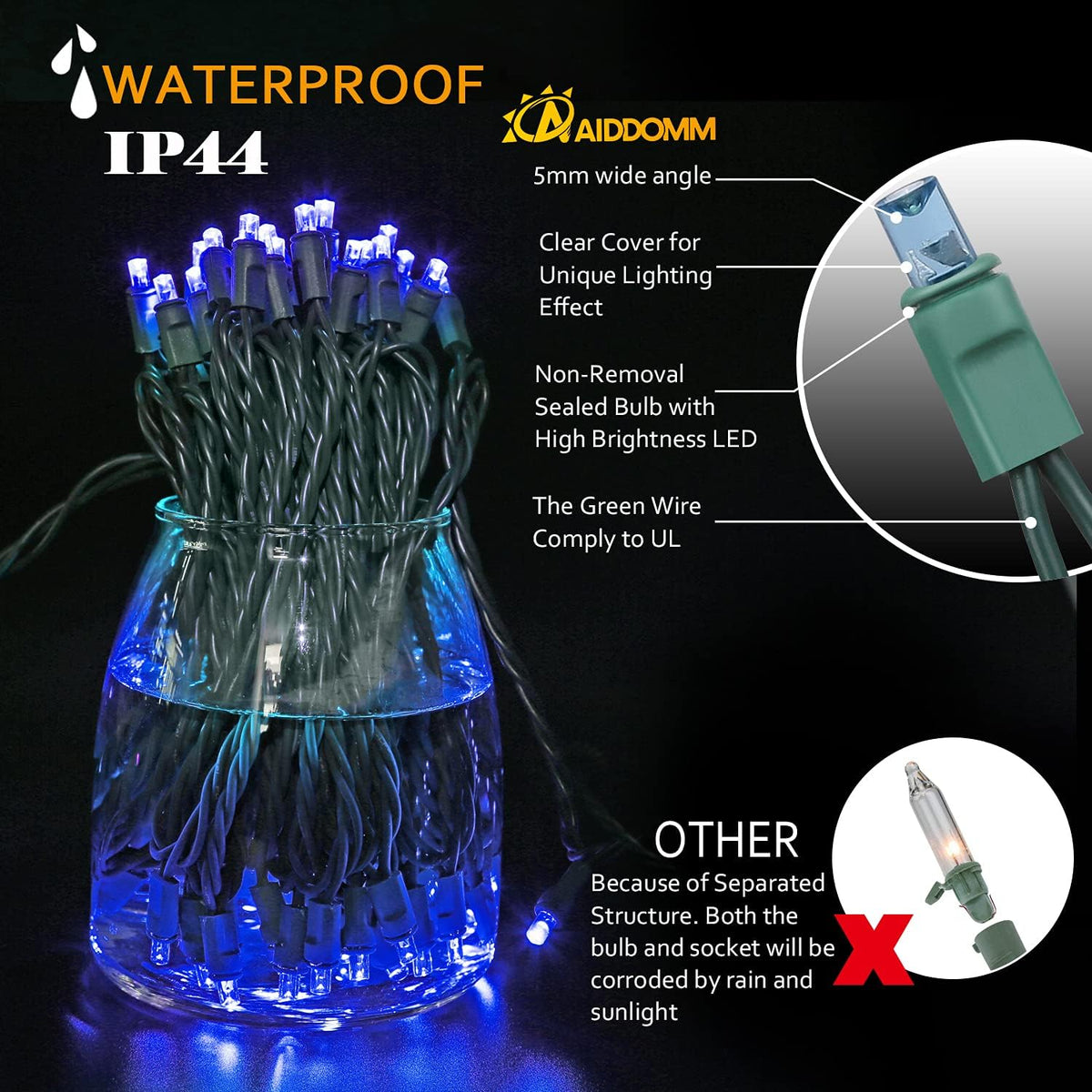 AIDDOMM 100 luces LED azules de Navidad de 50 pies 0.197 in, azul,...