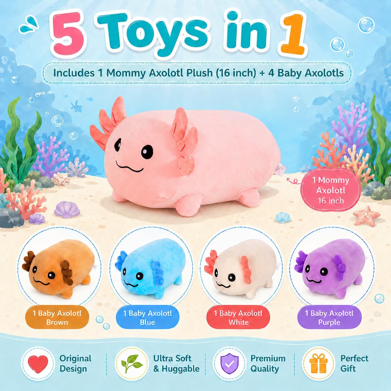 MMguai Peluche de ajolote de 16 pulgadas con 4 bebés, juguete de aj...