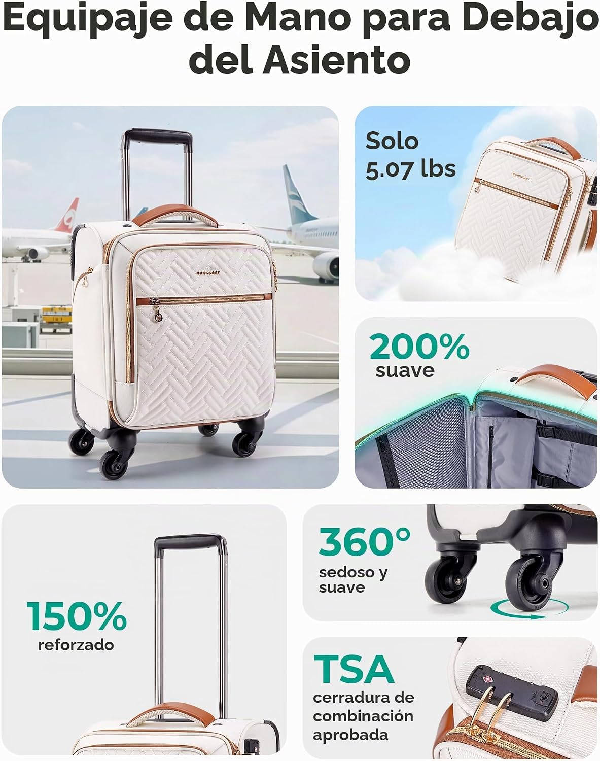 BAGSMART - Maleta de mano para debajo del asiento de 16 pulgadas, c...