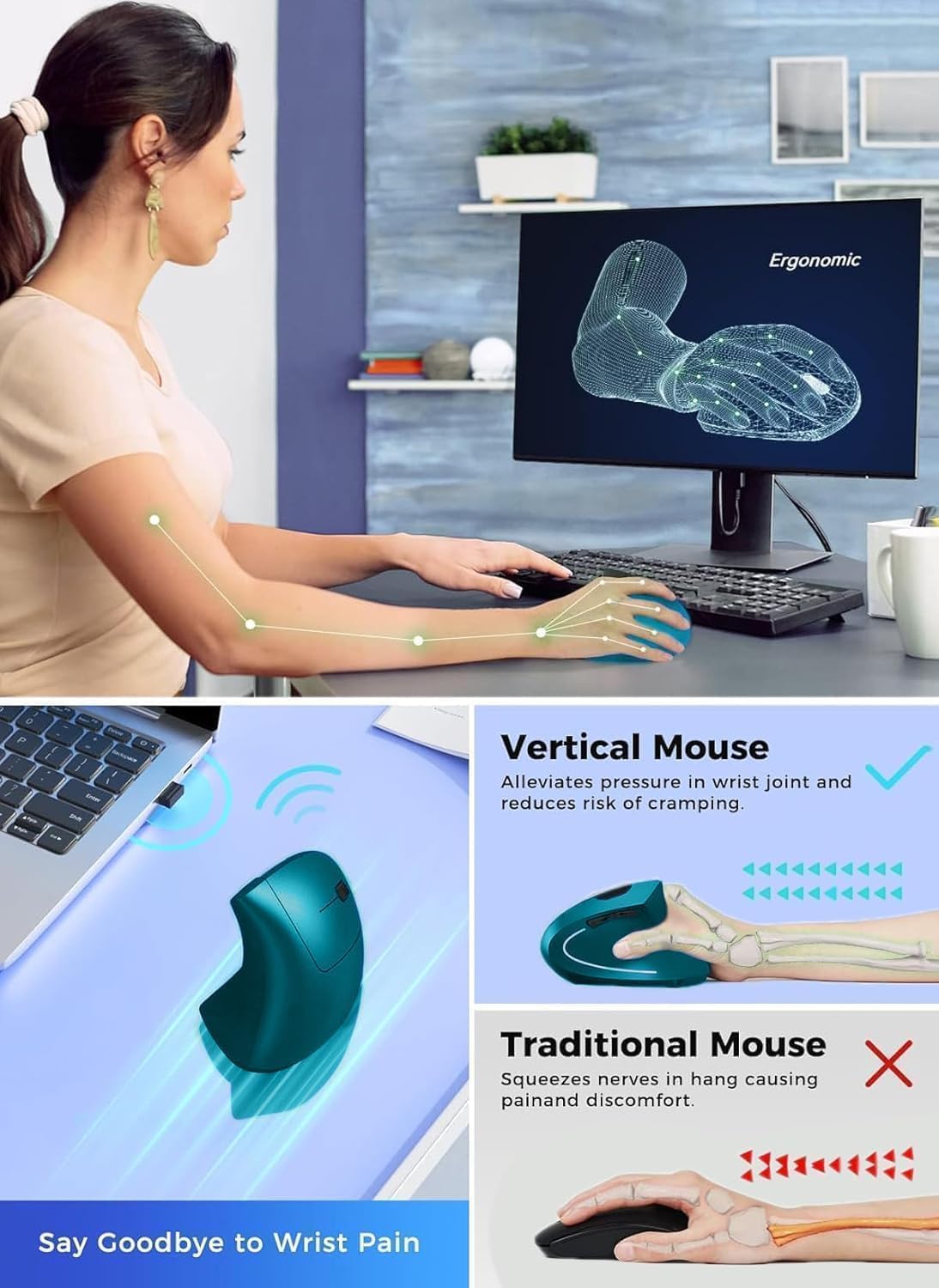 Lhome Ratón vertical inalámbrico 2.4G, Ratones ópticos ergonómicos...