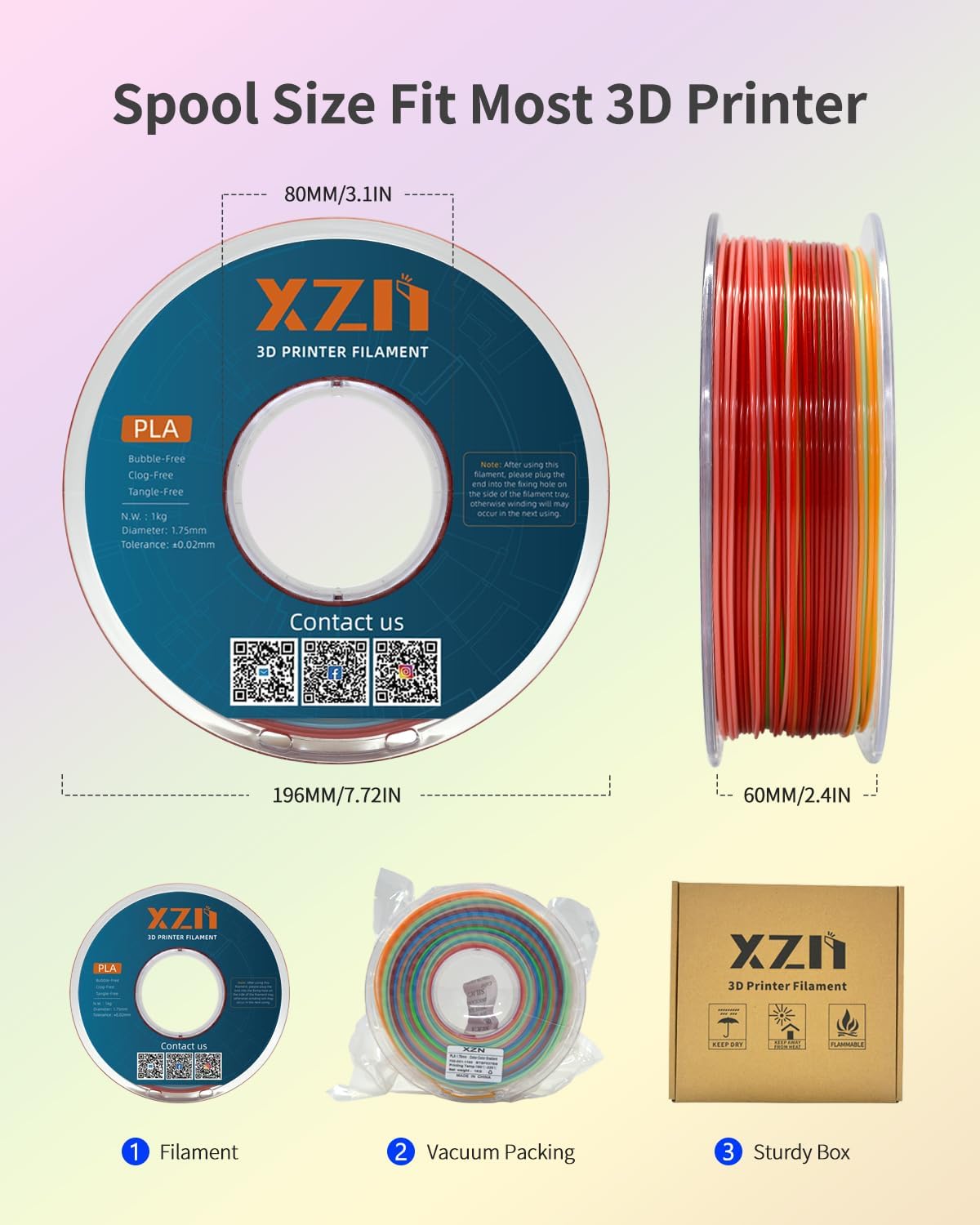 XZN Filamento PLA 1.75mm, filamento multicolor para impresora 3D de...