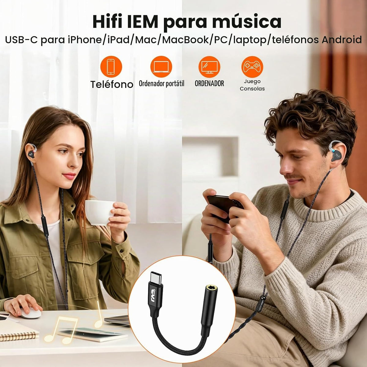 Auriculares IEM con cable para juegos con conector de 0.138 in, mon...