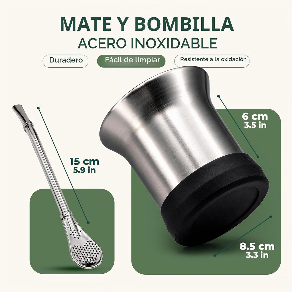 Kit completo de Yerba Mate – Termo de 1.2L con sistema mate, taza, boquilla de clip, pajita (Bombilla) y mochila gratis, juego de acero inoxidable de primera calidad para llevar