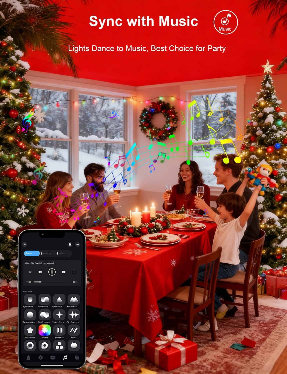 echosari Guirnalda de luces inteligentes de Navidad de 33 pies RGB...