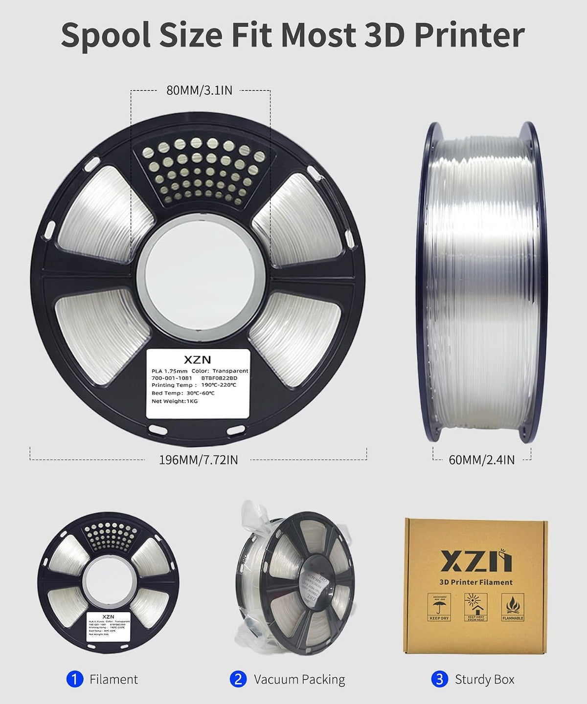 XZN Filamento PLA 1.75mm Transparente, Filamento para Impresora 3D...