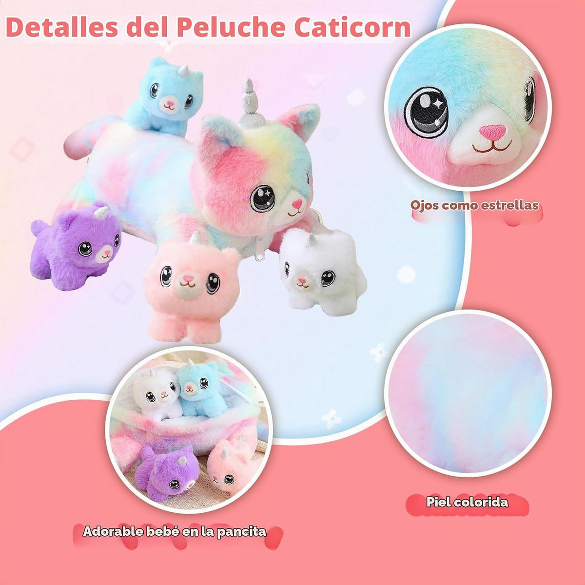 SQEQE Gato Unicornio de Peluche Mamá Gato Unicornio con 4 Lindos Ga...