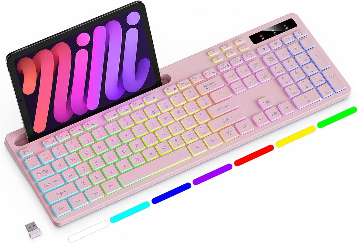 Soueto Teclado inalámbrico con retroiluminación RGB de 7 colores, t...