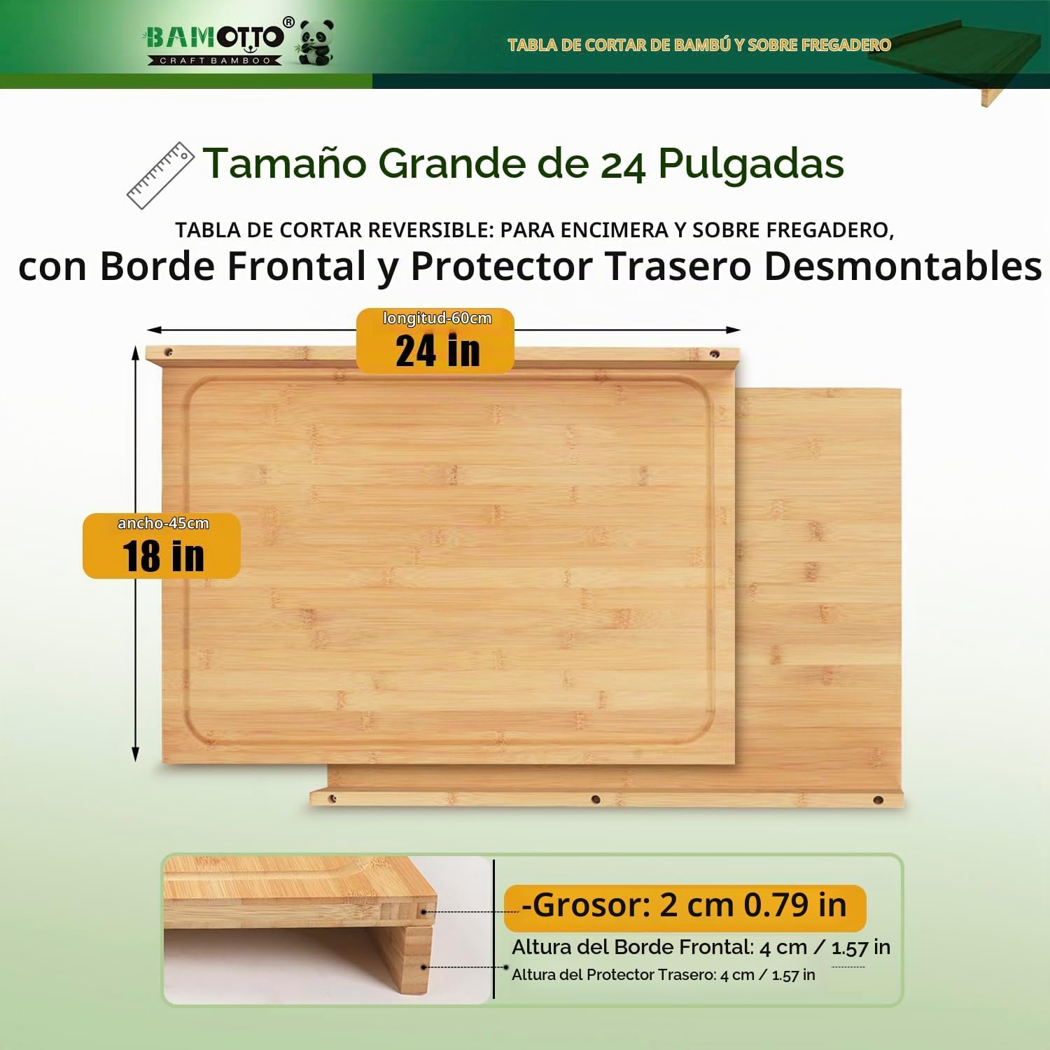 BAMOTTO CRAFTBAMBOO Tabla de cortar de bambú extragrande de 24 x 18...