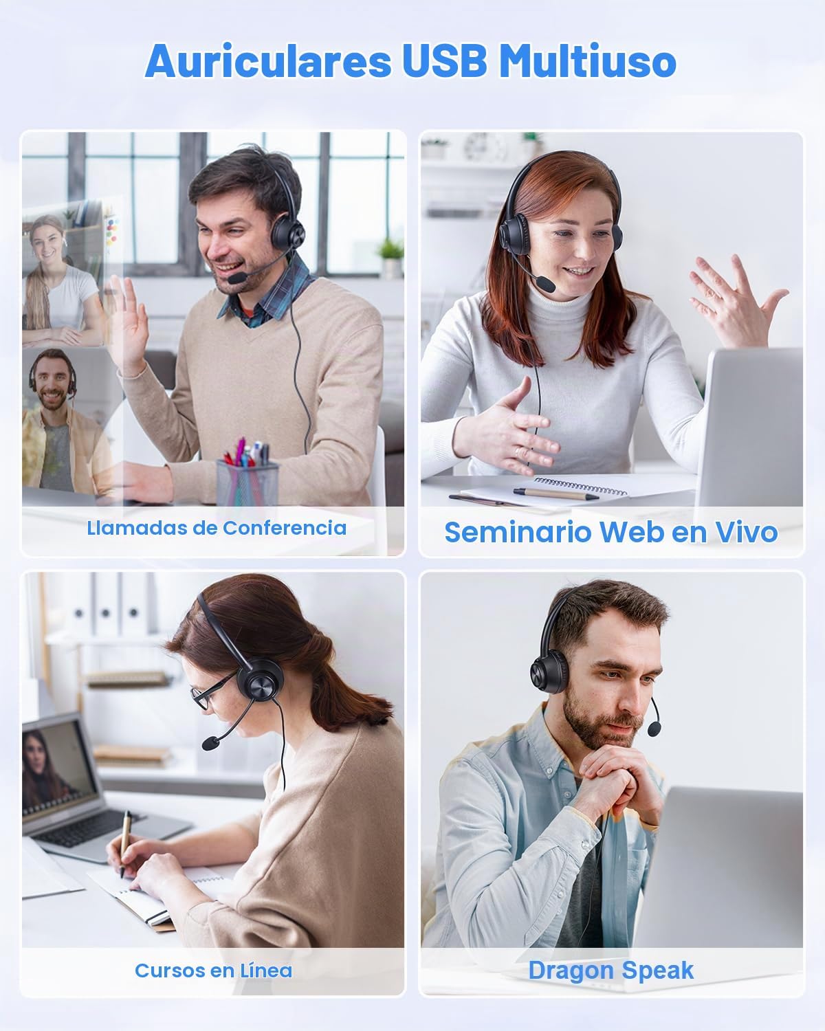 Auriculares USB con micrófono para PC, portátil, oficina, teléfono,...