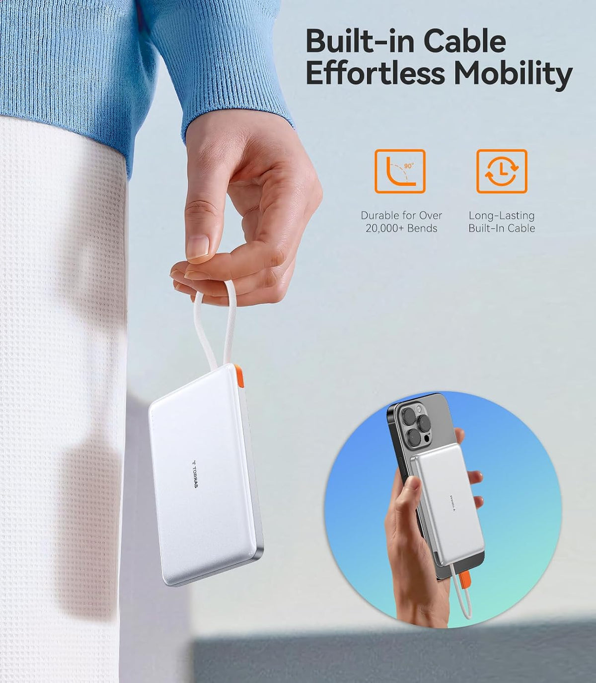 TORRAS Banco de energía con cable USB-C incorporado | Carga por cab...